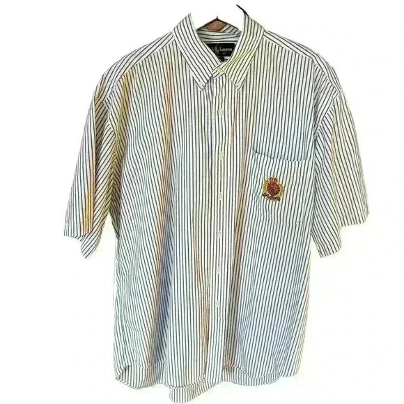 Vintage Polo Ralph Lauren Men's Blue Striped Crest Button Down Short Sleeve Sz L - Picture 1 of 5